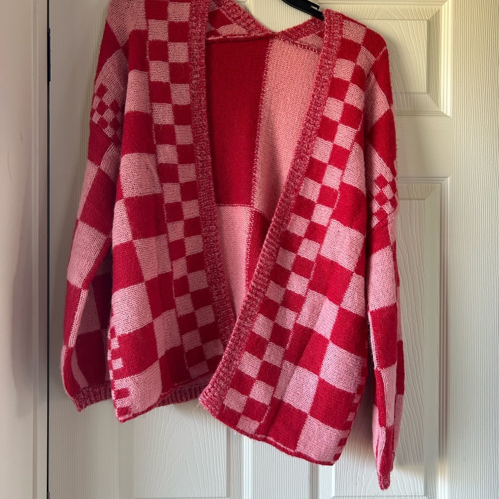 Red and Pink Checkered Women's Sweater